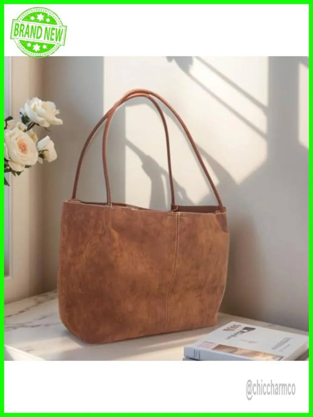 Faux Suede Tote Bag with Large Capacity, Soft Hobo Shoulder Bag